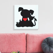 Toile Love Chiot et Kitten Silhouette Bleu (Insitu(Salon))