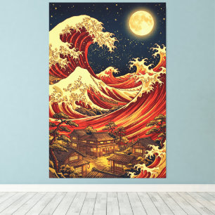 Toile Lune cramoisie sur la côte japonaise – Style Ukiyo