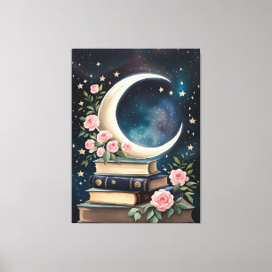 Toile Lune, Étoiles, Roses et livres