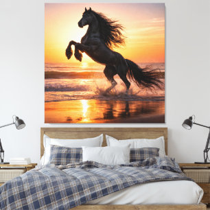 Toile Magnifique cheval noir frison coucher de soleil oc