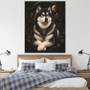 Toile Magnifique Husky Clair de Lune Cadre Doré Art Lu