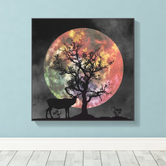 Toile Magnifique Pleine lune Elk Silhouette Canvas Mur A (Insitu (Plancher de Bois))
