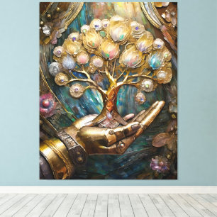Toile Main Robot D'Or Tenant Arbre De Vie D'Or
