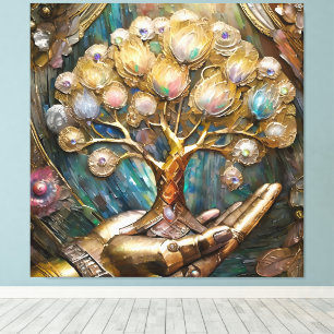 Toile Main Robot D'Or Tenant Arbre De Vie D'Or