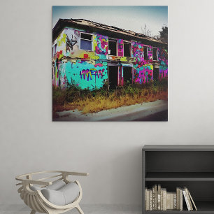 Toile Maison abandonnée avec des graffitis colorés