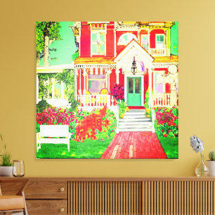 Toile Maison victorienne rouge Jardin luxuriant