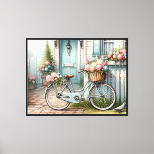 Toile Maisonnette Bleue avec Vélo et Panier de Fleurs Pr