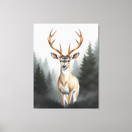 Toile Majestic Deer in Misty Forest – Tranquil Wildlife  (Recto)