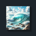 Toile Majestic Turquoise Ocean Wave Crashing on Sunlit<br><div class="desc">A vibrant and refreshing digital landscape featuring a powerful turquoise wave curling beautifully before crashing against smooth, sun-drenched coastal rocks. The bright blue sky and fluffy white clouds create a perfect summer atmosphere filled with energy and natural beauty. Ideal for beach house decor, modern living rooms, or as a rejuvenating...</div>