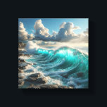 Toile Majestic Turquoise Ocean Waves Crashing Against<br><div class="desc">A stunning and powerful digital artwork capturing massive turquoise waves curling and crashing against a rugged, rocky shoreline. The composition features dramatic sunlight filtering through a cloudy sky, highlighting the intense spray and deep blue textures of the ocean. Perfect for large-scale wall art, modern coastal-themed interiors, or as a dynamic...</div>