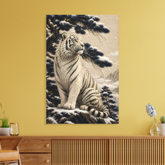 Toile Majestueux Tigre Blanc dans les Montagnes enneigée