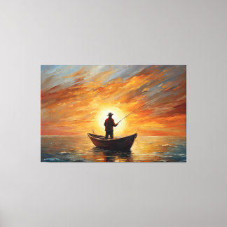 Toile Man fishing inside the boat with a sunset