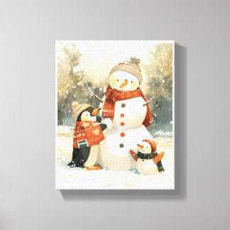 Toile Manchots mignons et bonhomme de neige – Aquarelle 