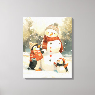 Toile Manchots mignons et bonhomme de neige – Aquarelle