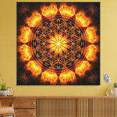 Toile Mandala d'or avec OM Symbole et fleur de vie (Insitu(Salon))