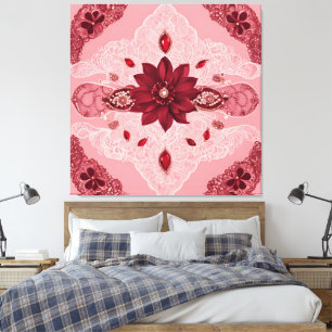 Toile Mandala floral en dentelle rouge rubis et blanc 