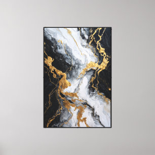 Toile Marbre Abstrait Noir, Blanc et Veiné d'Or sur Mur