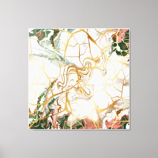 Toile Marbre Abstrait peint vert foncé or rose (Recto)