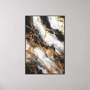 Toile Marbre noir et blanc avec veines d'or abstrait