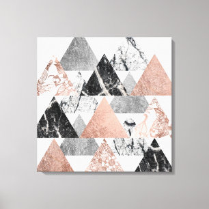 Toile Marbre Rose or argent et Floral Geo Triangles
