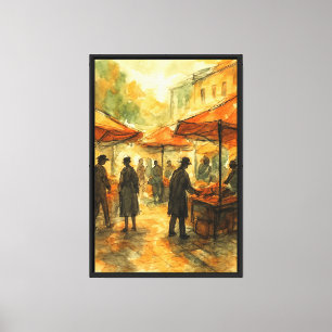 Toile Marché de rue animé en Aquarelle et Charbon