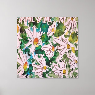 Toile Marguerites, substrat vert, abstraction.