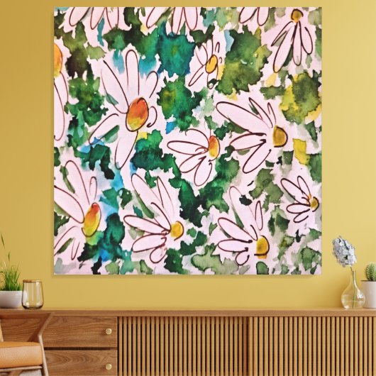 Toile Marguerites, substrat vert, abstraction. (Insitu(Salon))