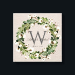 Toile Mariage Keepske de monogramme de lin rustique<br><div class="desc">Un mariage personnalisé. Cette élégante peinture murale en toile de lin numérique rustique présente une texture de lin beige arrière - plan avec une belle aquarelle et une couronne de coton qui encadrent le classique monogramme gris foncé initial. Les prénoms du couple sont écrits sur le monogramme initial dans un...</div>