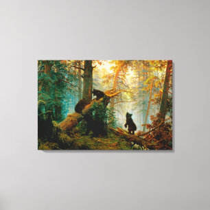 Toile Matin dans une forêt de pins Ours avec oursons Shi