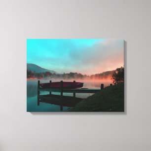 Toile Matin sur le lac avec canoë.