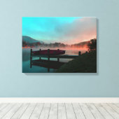 Toile Matin sur le lac avec un canoë. (Insitu (Plancher de Bois))