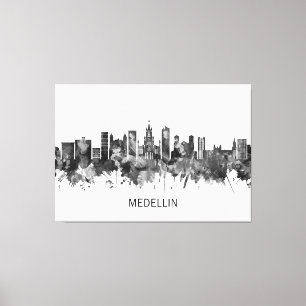 Toile Medellin Colombia Skyline BW