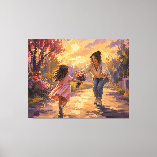 Toile Mère Enfant Courant Avec Des Fleurs (Recto)