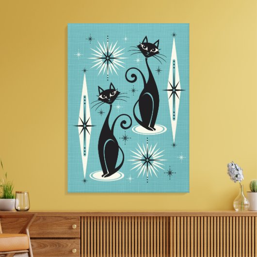 Toile Mi-siècle Meow Retro chats atomiques en bleu (Insitu(Salon))