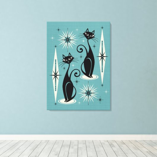 Toile Mi-siècle Meow Retro chats atomiques en bleu (Insitu (Plancher de Bois))