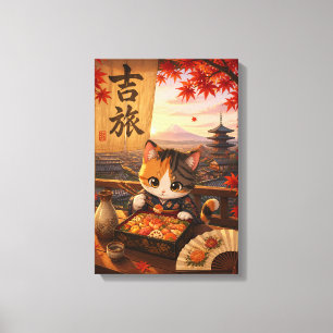 Toile Mignon anime japonais chat kimono mont Fuji automn