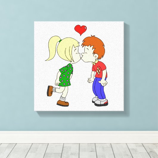 Toile Mignon garçon fille baiser enfants dessin animé (Insitu (Plancher de Bois))