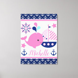 Toile Mignon motif baleine rose et ancres nautiques