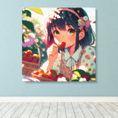 Toile Mignonne Anime Girl Mange des fraises | Jour d'été (Insitu (Plancher de Bois))