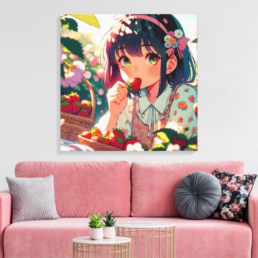 Toile Mignonne Anime Girl Mange des fraises | Jour d'été (Insitu(Salon))
