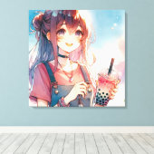Toile Mignonne fille Anime tenant un Boba Tea (Insitu (Plancher de Bois))