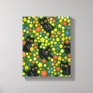Toile Mignons Chats Noirs Motif Floral de Prairie