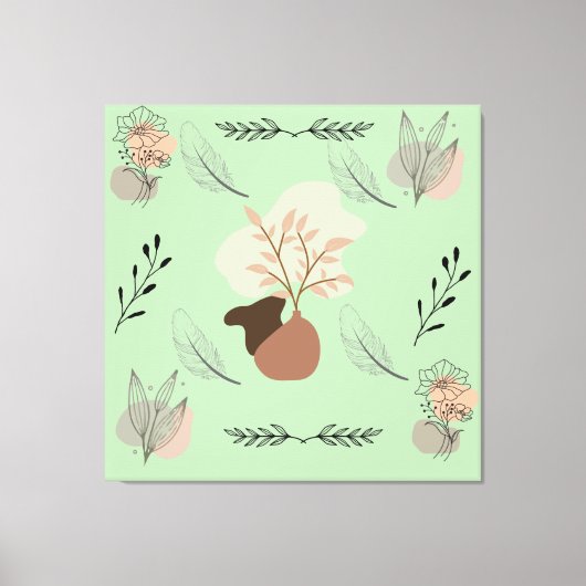 Toile Minimal vase, feathers and floral boho art- (Recto)
