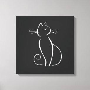 Toile Minimaliste Chat Blanc Sur Noir Ajouter Nom