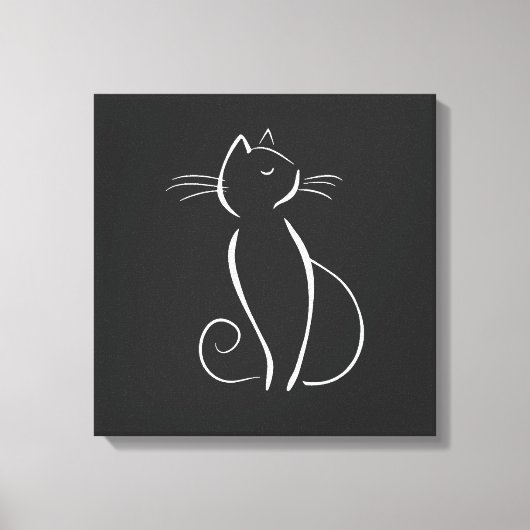 Toile Minimaliste Chat Blanc Sur Noir Ajouter Nom (Recto)
