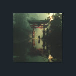 Toile Misty Torii Gate Dawn Solitude Figure<br><div class="desc">A solitary traveler stands before a majestic red torii gate rising from a misty, lily-pad-filled pond at dawn. Thick fog envelops dense bamboo and ancient trees, while golden sunrise rays pierce through, casting luminous beams and soft reflections across the calm water. The iconic gate glows with quiet power, symbolizing transition,...</div>