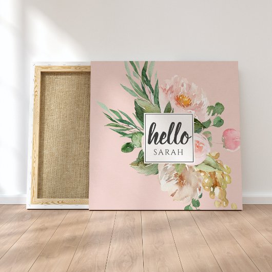 Toile Modern Watercolor Pink Flowers & Hello & Nom