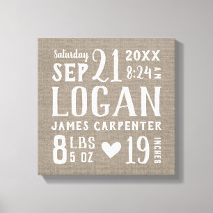 Toile Moderne Rustique Baby Birth Stats Nursery Art