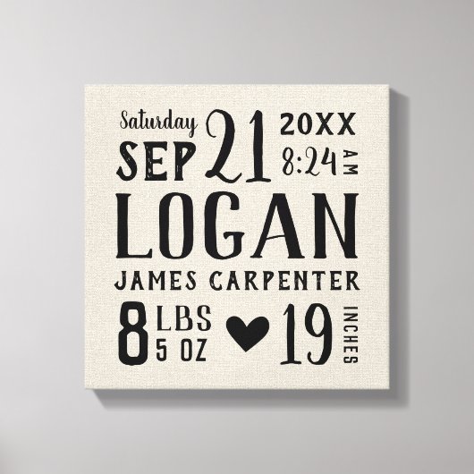 Toile Moderne Rustique Baby Birth Stats Nursery Art (Recto)