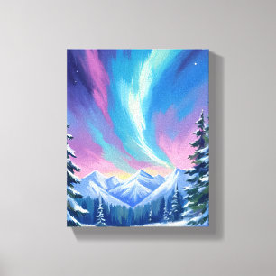 Toile Montagne aquarelle aurore boréale nuit hivernale